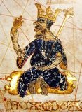 Musa I (c. 1280 - c. 1337), commonly referred to as Mansa Musa, was the tenth mansa, which translates as 'king of kings' or 'emperor', of the Malian Empire. At the time of Mansa Musa's rise to the throne, the Malian Empire consisted of territory formerly belonging to the Ghana Empire and Melle (Mali) and immediate surrounding areas. Musa held many titles, including Emir of Melle, Lord of the Mines of Wangara, and conqueror of Ghanata, Futa-Jallon, and at least another dozen states. He was the wealthiest West African ruler of his day.<br/><br/>

The Catalan Atlas (1375) is the most important Catalan map of the medieval period. It was produced by the Majorcan cartographic school and is attributed to Cresques Abraham, a Jewish book illuminator who was self-described as being a master of the maps of the world as well as compasses. It has been in the royal library of France (now the Bibliothèque nationale de France) since the late 14th century.